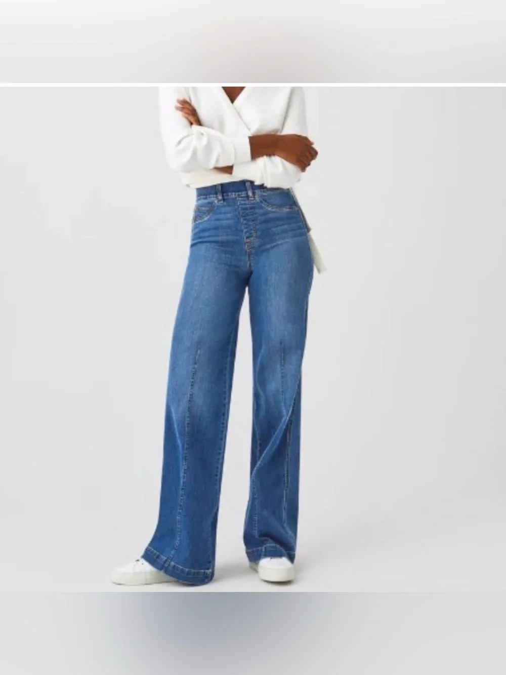 SPANX Seamed Front Wide-Leg Pull On Jeans Petite Medium in Vintage Indigo NWT